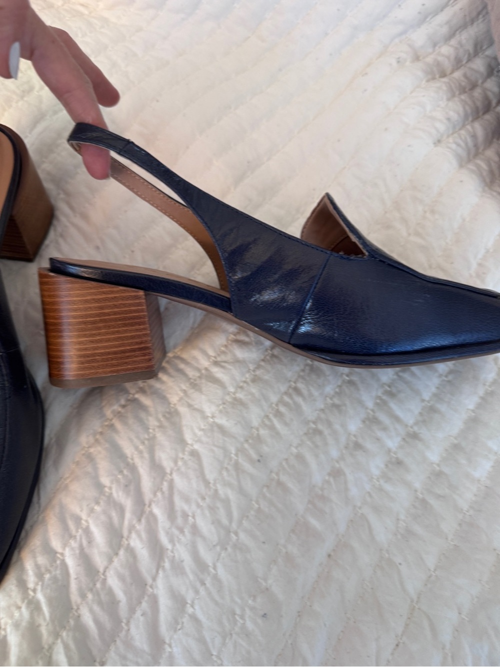 Slingback Block Heel Loafers in Navy Leather - Picture 2 of 4